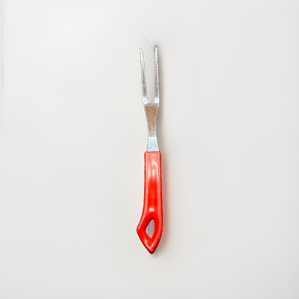Quikut Stainless Steel Two-Prong Carving Fork Red Handle Vintage